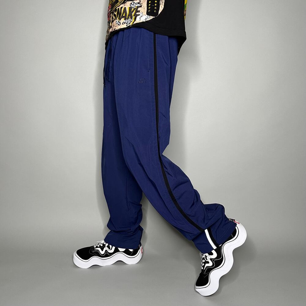 Vintage 90s Starter Track Pants Mens L Relaxed Fit Navy Blue Subtle Logo Black